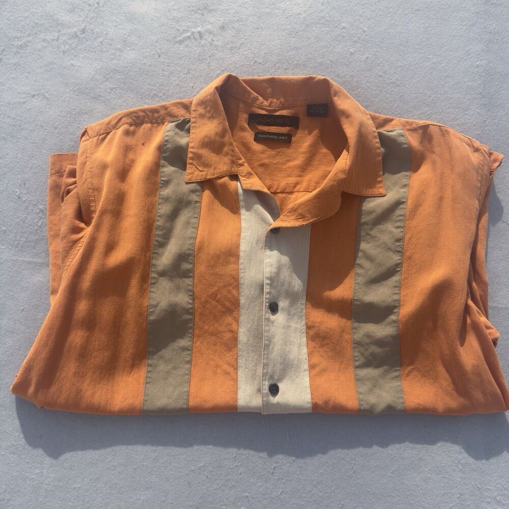 Vintage Axist Men’s Large Washable Silk Camp Shirt Orange Beige Striped